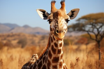 Giraffe in open grassland safari jungle looking camera Generative AI - obrazy, fototapety, plakaty