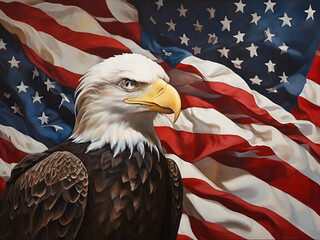 Eagle With American Flag Flies In Freedom, North American Bald Eagle on American flag