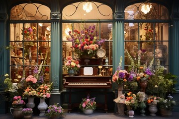 A flower shop with a creative display featuring piano