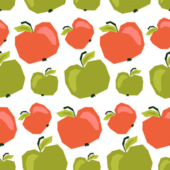 Seamless pattern with ripe red and green apples on white. Background, wrapping paper. Applique style drawing
