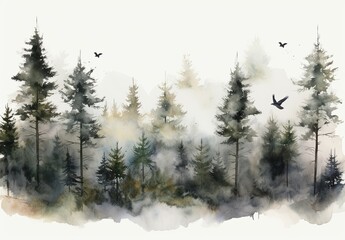 Fototapeta na wymiar Serene Forest Mist - Watercolor Landscape with Birds in Flight