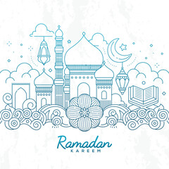 Illustration of vector modern simple line flat design website banner, header with a Muslim people and Islamic symbols in Ramadan kareem