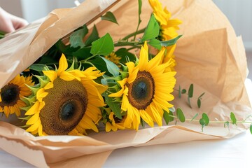 florist wrapping a bouquet of sunflowers in brown paper