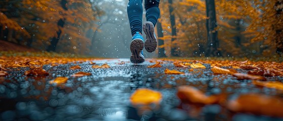 Person running in the rain along a road, close-up in sneakers. - obrazy, fototapety, plakaty