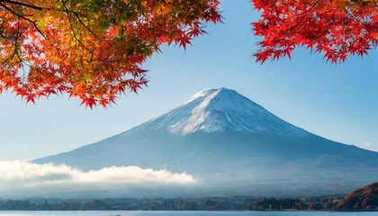 Photo sur Plexiglas Mont Fuji colorful autumn season and mountain fuji with morning fog and red leaves at lake kawaguchiko is one of the best places in japan