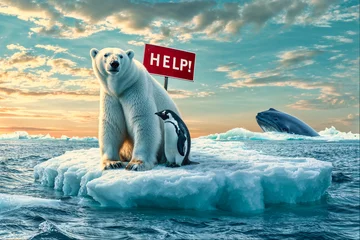 Fototapeten Polar Bear and Penguin on Ice Floe with 'Help!' Sign, Concept of Climate Change © AI-Universe