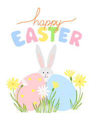 Easter eggs with rabbit, flowers and colorful lettering text. Greeting card for Easter Day.	