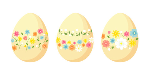 Easter eggs with with a floral pattern. Set of three eggs isolated on a white background.