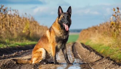 Fotobehang pregnant belgian shepherd sits on the road in the mud amid the autumn fields malinois with a big belly fat dog © Francesco