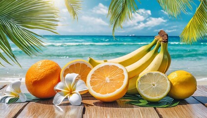 beautiful seamless summer vacation seamless pattern summer fruit lemon oranges flower banana beach...