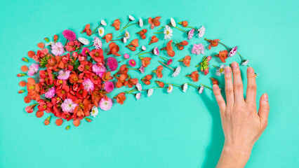 Woman's palm draw natural red, pink and white flowers appear. Concept of love and beauty. Turquoise background.