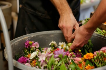 Obraz na płótnie Canvas closeup of florists hand selecting flowers from a bucket