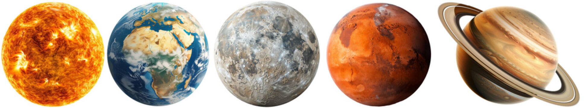 Celestial body collection, sun, planet earth, moon, mars and saturn, isolated on a white background