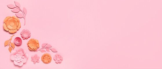 Beautiful paper flowers and leaves on pink background with space for text
