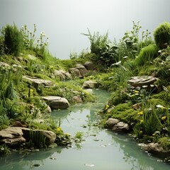 Small pond with green grass and stones sunset Generative AI