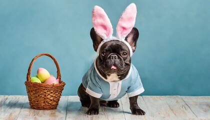 funny easter concept holiday animal celebration greeting card cool cute french bulldog dog pet wearing a jogging suit with rabbit bunny ears isolated on blue background