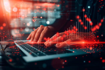 Businessman use laptop with virtual world economic growth chart with red warning sign for caution in investing economic situation warning, Business investment risks