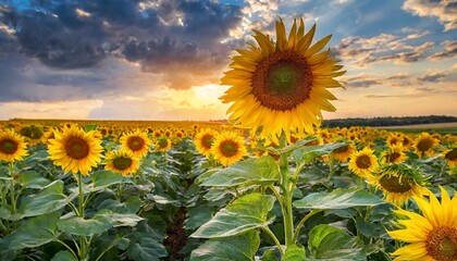 romantic sunflower field in the sunset with impressive sky and big sunflower in the foreground