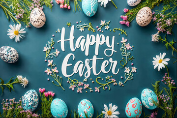 Handwritten Happy Easter Greetings with Colorful Eggs and Spring Flowers