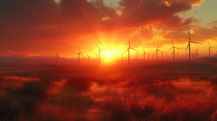 As the sun sets, casting a warm orange glow across the sky, wind turbines stand tall in the natural landscape, under a red sky at dusk
