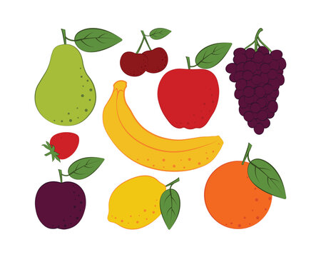 Fruit set. Cartoon image of fruits such as pear, banana, apple and cherry, as well as grapes, strawberries, lemon and orange. A collection of garden fruits. Vector