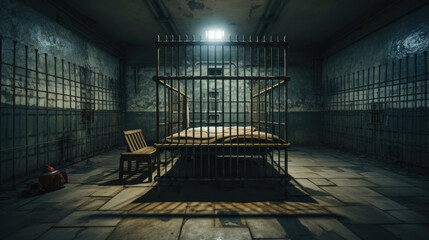 An empty prison cell with a bed and a table