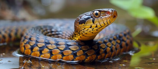 Fototapeta premium Sinuous snake drinking water in a peaceful pond reflecting nature's beauty
