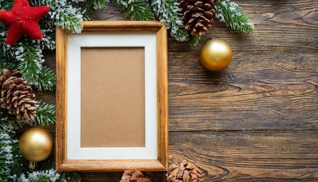 christmas background empty wooden picture frame mock up and decoration winter holidays celebration concept with copy space for text mockup