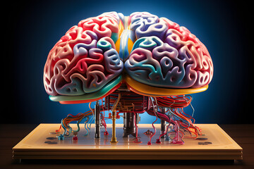 A photograph of a 3D brain model, showcasing intricate details and vibrant colors from a dramatic angle with dynamic lighting and shadows.