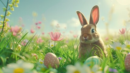 Fototapeta na wymiar Cheerful Easter Bunny in Meadow with Eggs and Room for Text