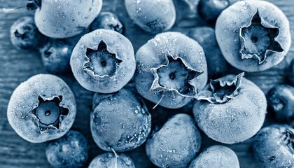 frozen berries toned in classic blue color top view close up