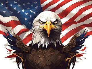 Eagle With American Flag Flies In Freedom, North American Bald Eagle on American flag