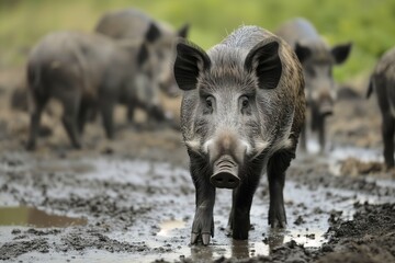 group of wild boar foraging in mud