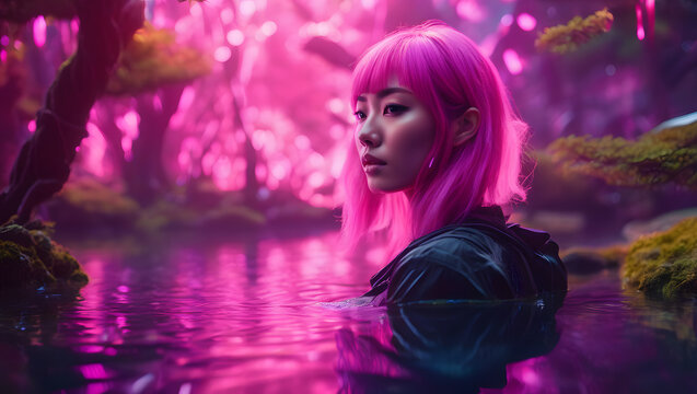 sci-fi fantasy wpman standing in the strange water and pink jellyfish