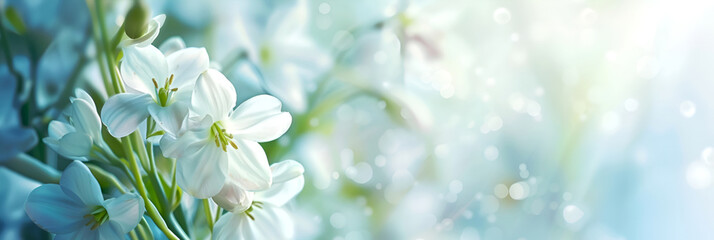 Banner with white spring flowers on luminous light blue background. Tender white blooms with sparkling blue bokeh, spring floral design. Soft focus on white flowers, light blue shimmering backdrop