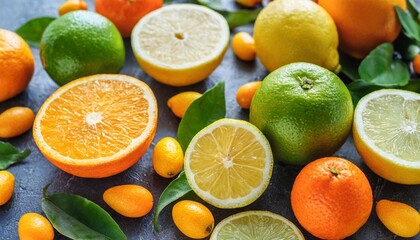 colorful bright background of fresh ripe sweet citrus fruits orange and tangerine green lime and yellow lemon grapefruit and kumquat