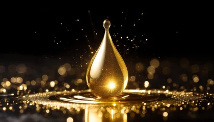Fotobehang a golden drop on a black background shining with light © Diann
