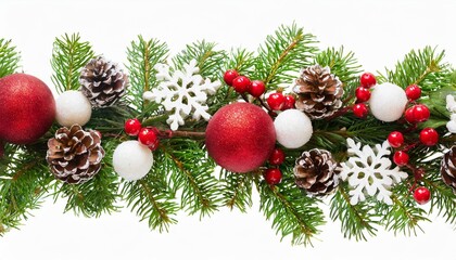 Obraz na płótnie Canvas snowberries with green twigs of christmas tree red decorations and cones in a holiday wave garland isolated on white or transparent background
