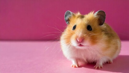 cute funny syrian hamster on a bright pink background copy space on the left