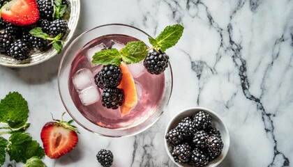 blackberry gin cocktail in martini glass garnish with fruit on luxury marble table beverage liquor...