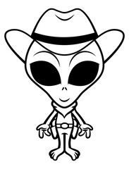 Funny Alien cartoon characters wearing cowboy costume like cowboy hat, scarf and a belt holster with guns. best for outline, logo, and coloring book with extraterrestrial themes