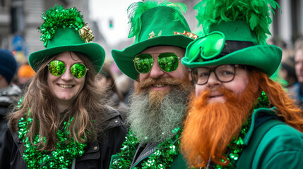 Crowd of joyful people in green on the street celebrating St. Patrick's Day