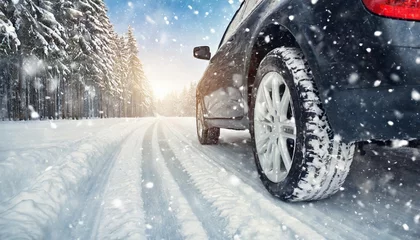 Fotobehang car driving with winter wheels and tires during snow blizzard © Diann