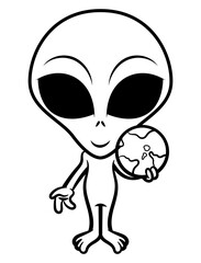 Funny Alien cartoon characters holding planet earth with it's hand. best for outline, logo, and coloring book with extraterrestrial themes