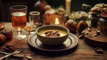 Pumpkin and chestnuts soup in a bowl. Food concept