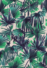 Tropical seamless pattern with palm leaves painted with a brush. Sketch with tropical leaves. Tropical wallpaper - 736040978