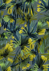 Tropical seamless pattern with palm leaves painted with a brush. Sketch with tropical leaves. Tropical wallpaper - 736040994