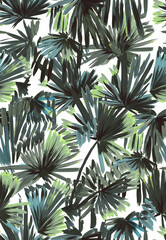 Tropical seamless pattern with palm leaves painted with a brush. Sketch with tropical leaves. Tropical wallpaper - 736041116