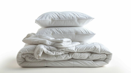 Stack of beddings on the white background, white pillow on the duvet isolated, bedding objects isolated against white background, bedding items, bedding mockup. Made with generative ai