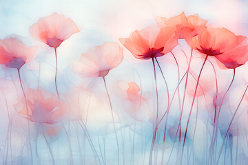 Poppy flowers watercolor painting in pastel color. Generative AI image.